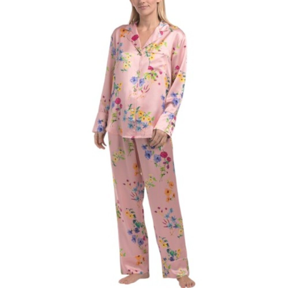 PETITE PLUME Silk 2pc Brilliant Botanical Pajama Top And Pants Set